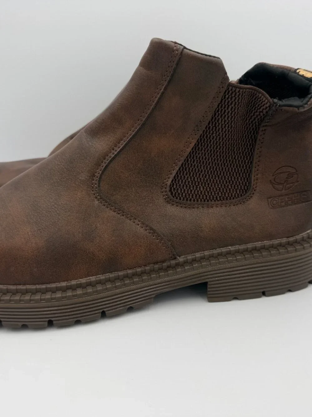 CFFHS Mens Brown Chelsea Boots Ankle Pull On Lug Sole Sz US 12